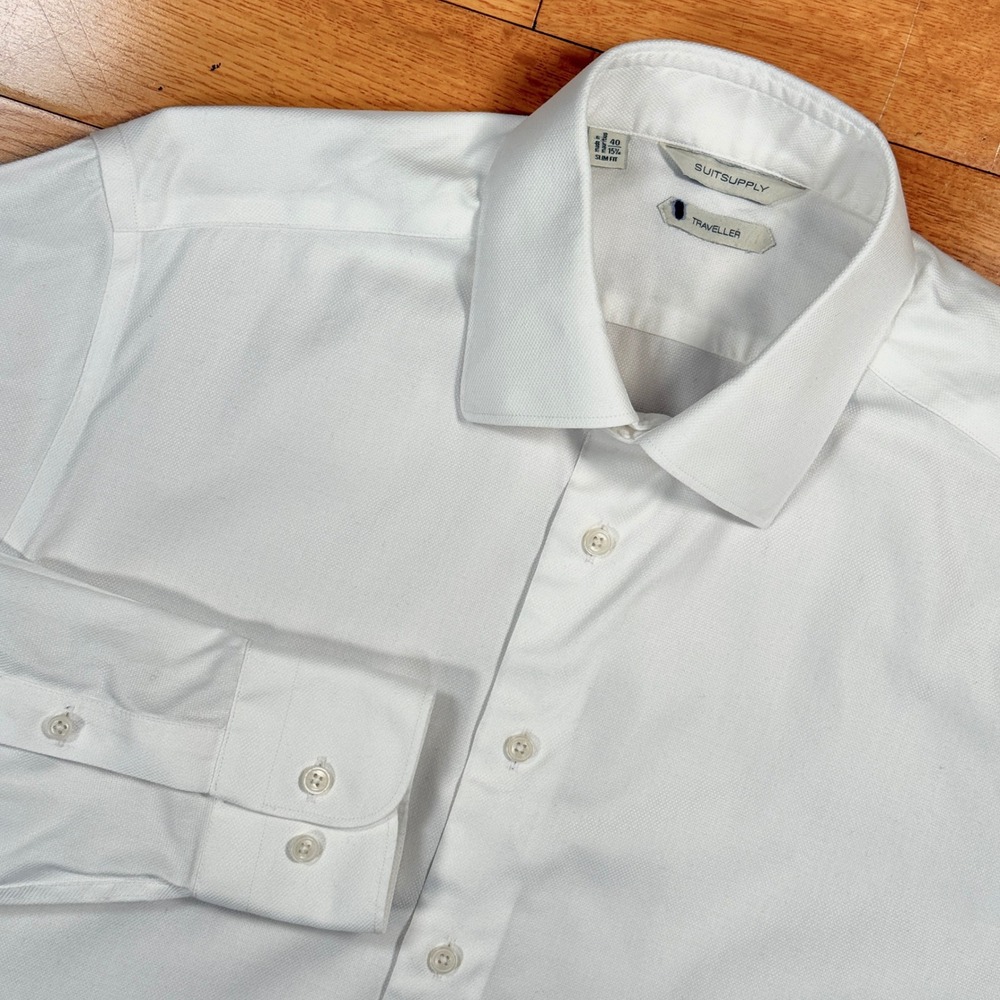 Suitsupply Traveller Shirt 15.75 / 40 White Cotton Slim Fit Dress Long Sleeve